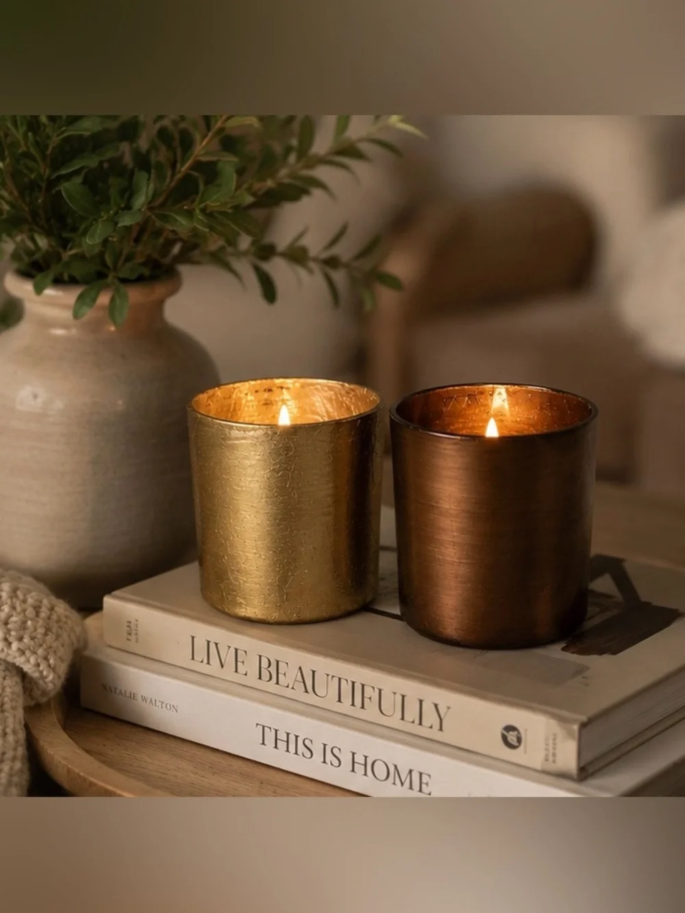 Metallic Glass Votive Candle Holders Set of 2 Gold Brown Decor